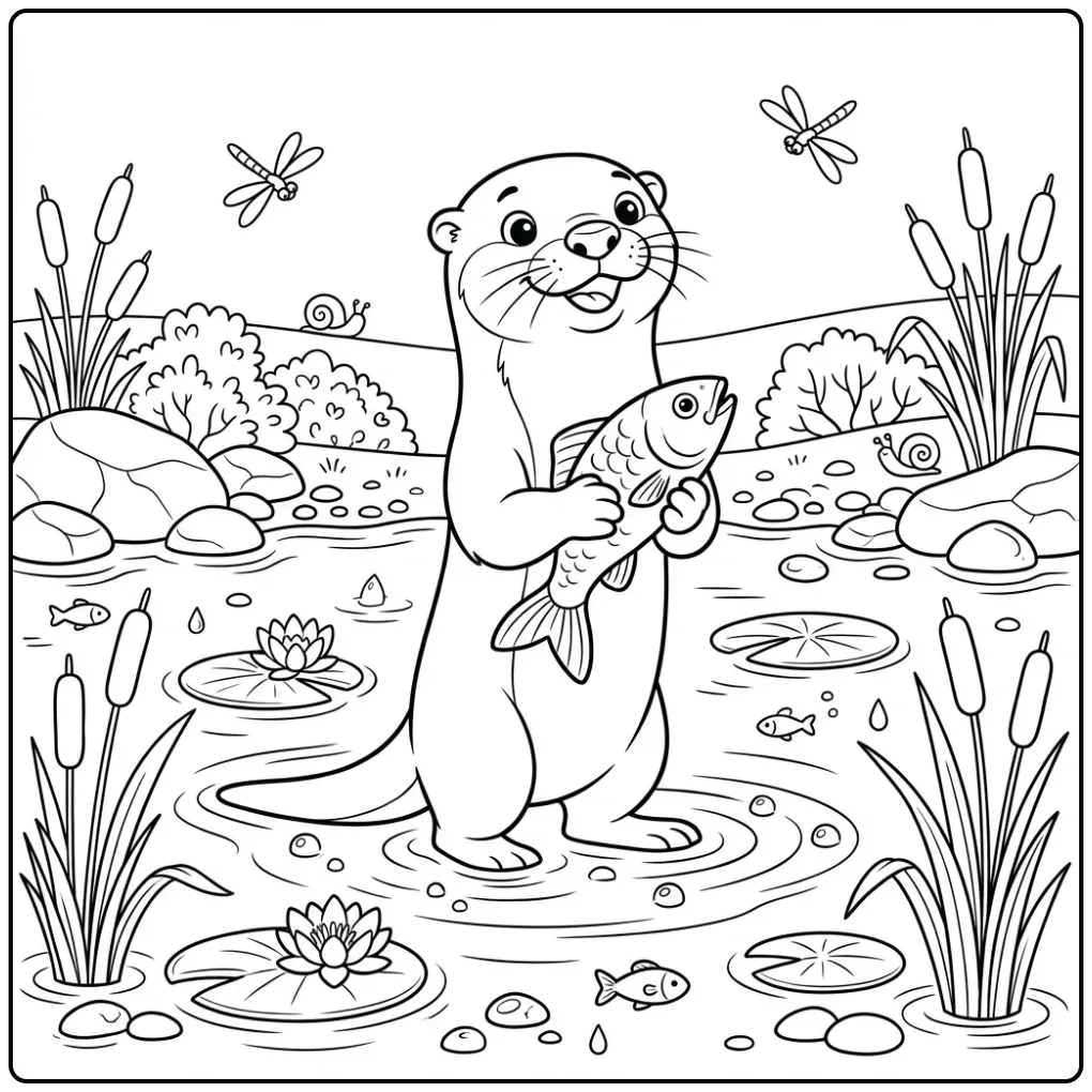 Otter coloring page featuring an otter with a fish