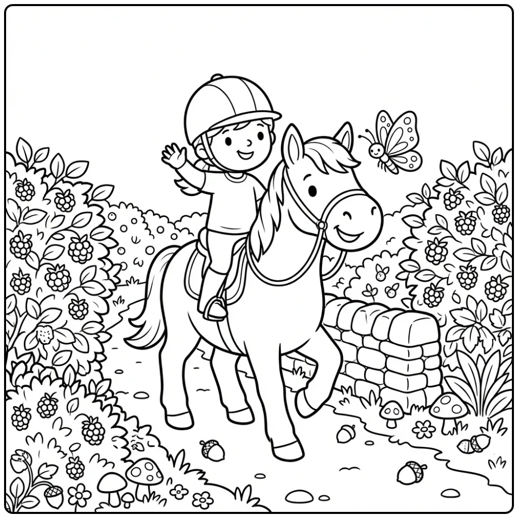 Cheerful Horse with Rider on a Forest Path coloring page