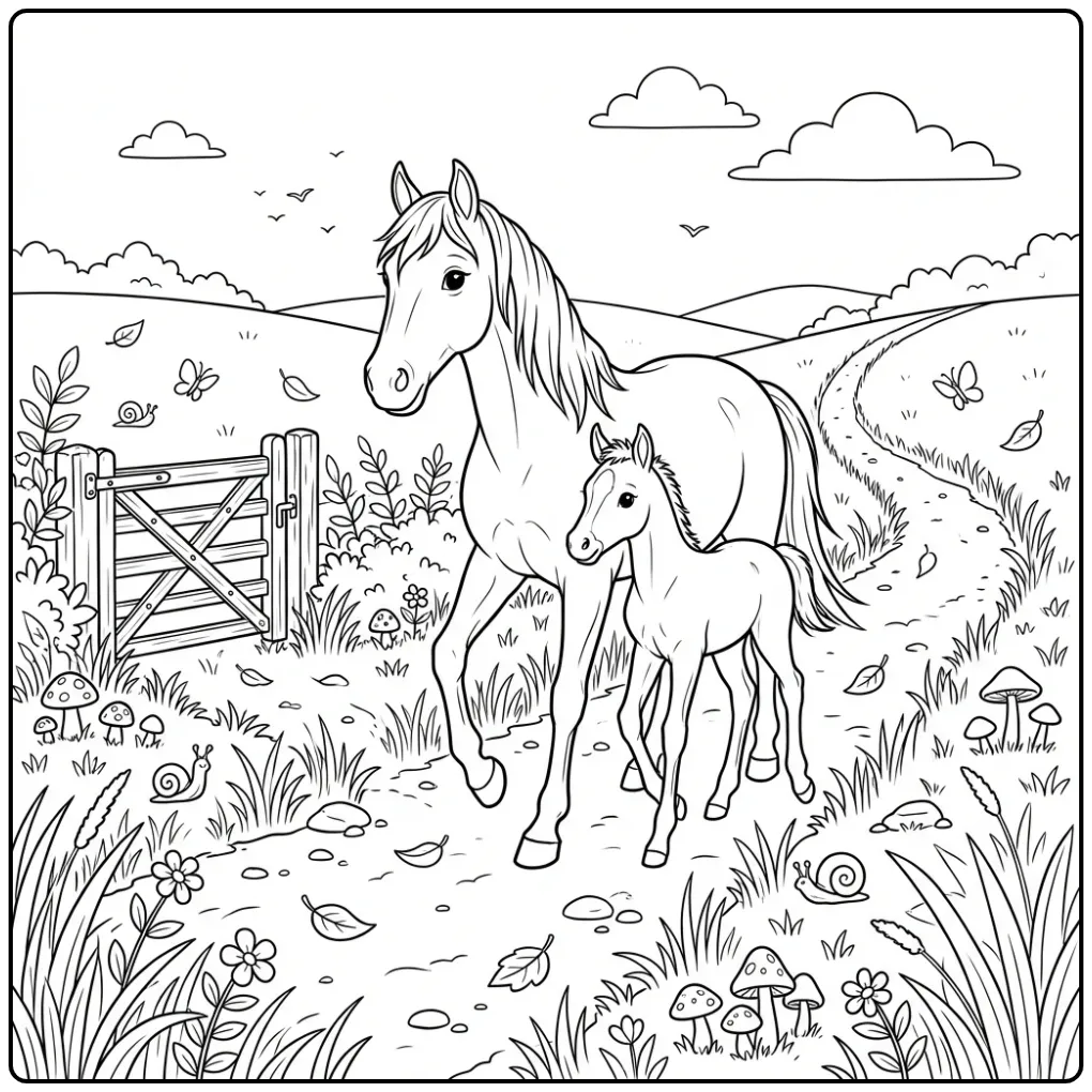 Cheerful Horse and Foal with a Wooden Fence coloring page