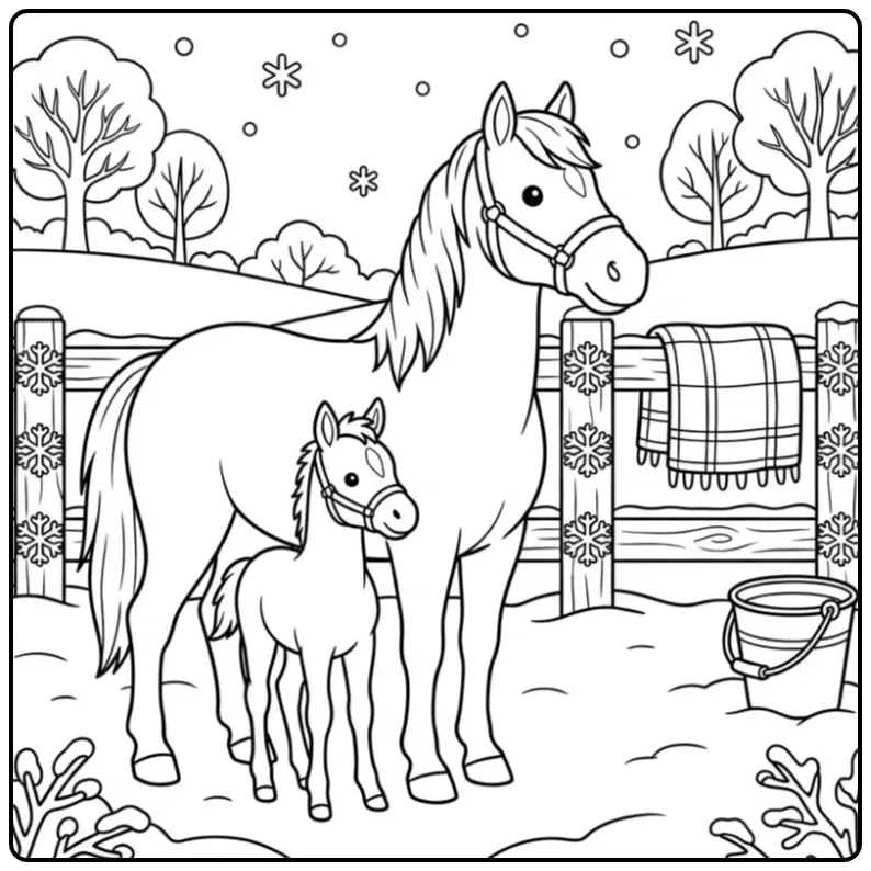 Cheerful Horse with Foal and Snowflakes coloring page