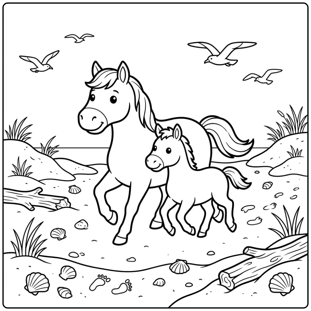 Cheerful Horse with Foal Among the Dunes coloring page
