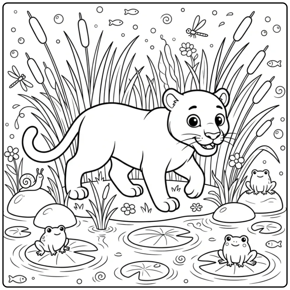 Cheerful Panther Among Reeds and Water Lilies coloring page