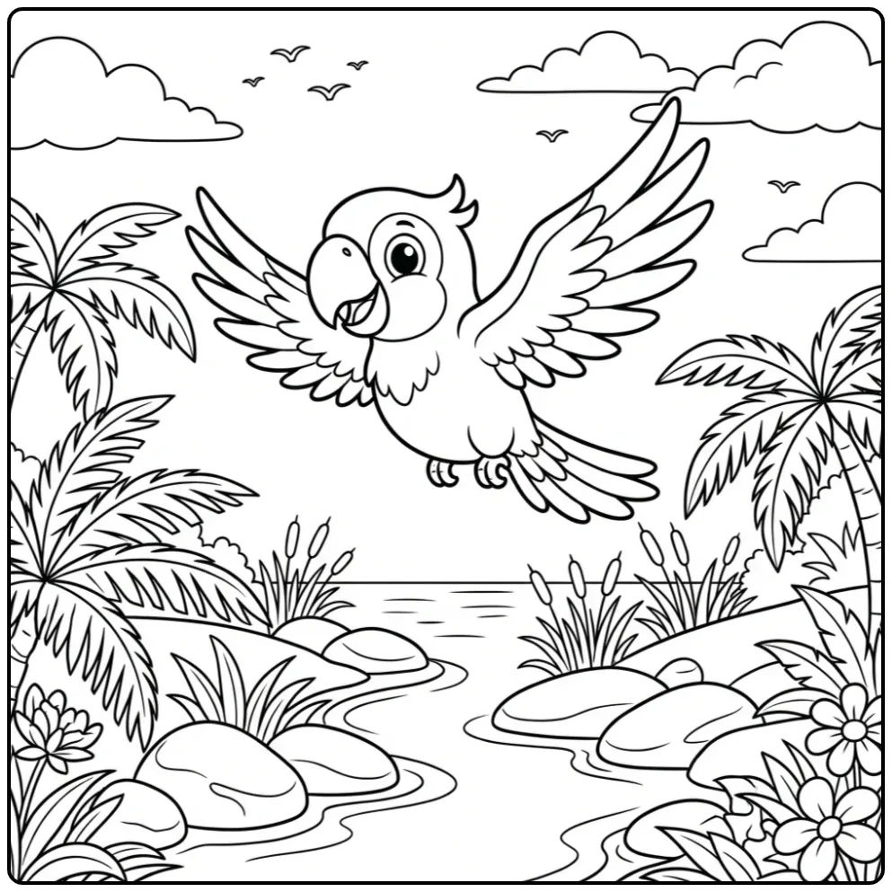 Cheerful Parrot Above the River coloring page