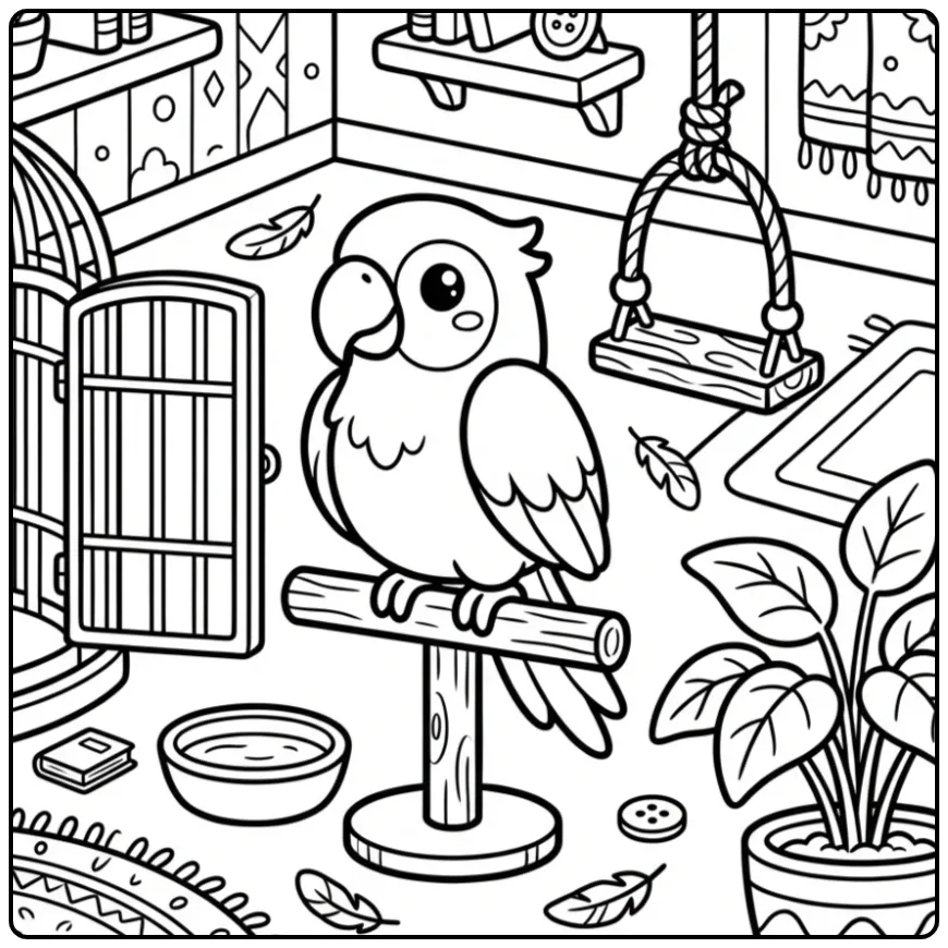 Cheerful Parrot with Toys and Plants coloring page