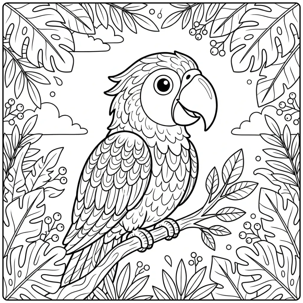 Cheerful Parrot with Feathers and Big Beak coloring page