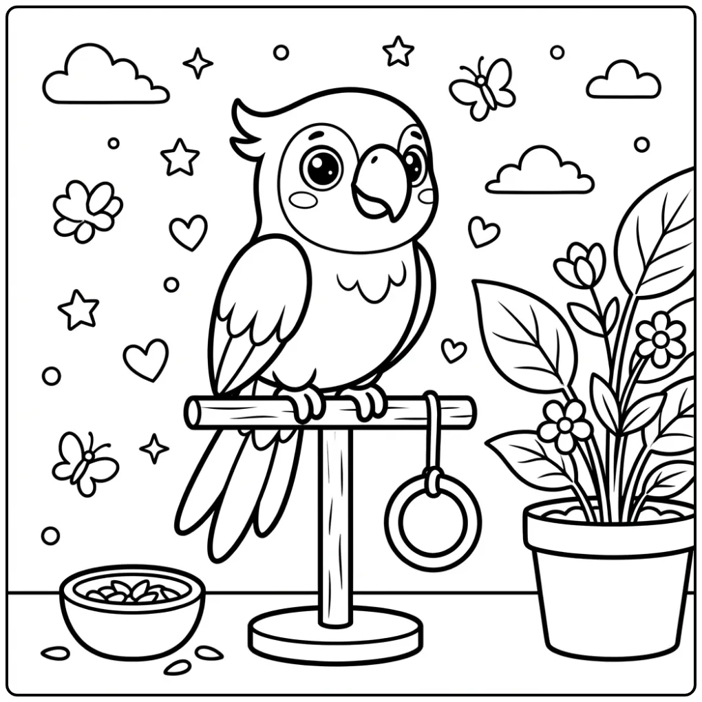 Cheerful Parrot for Toddlers on a Wooden Walking Stick coloring page