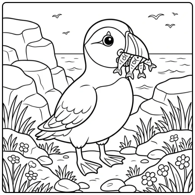 Puffin coloring page with fish on a rock