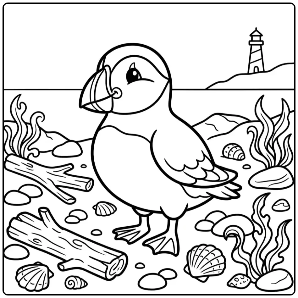 Cheerful Puffin with the Lighthouse coloring page