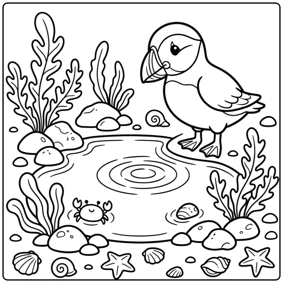 Cheerful Puffin with Shells coloring page