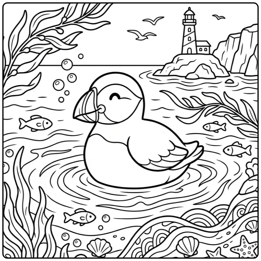 Cheerful Puffin on the Waves coloring page