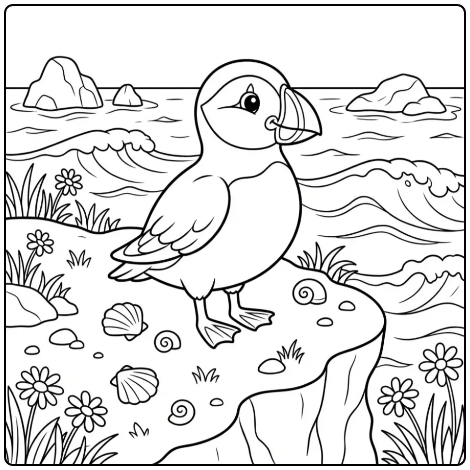 Cheerful Puffin on a Rocky Cliff coloring page