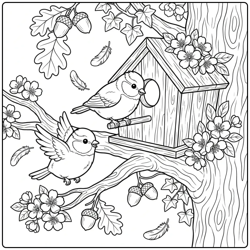 Cheerful Blue Tit with a Wooden Birdhouse coloring page
