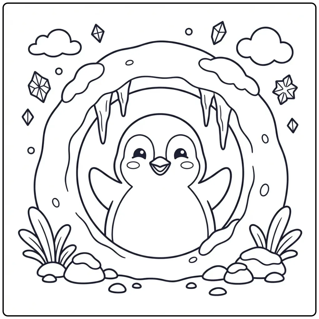 Cheerful Penguin in a Snow Cave coloring page
