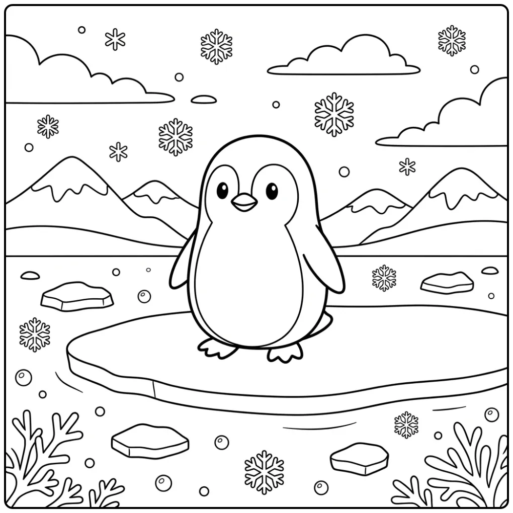 Cheerful Penguin in a Winter Icy Landscape coloring page