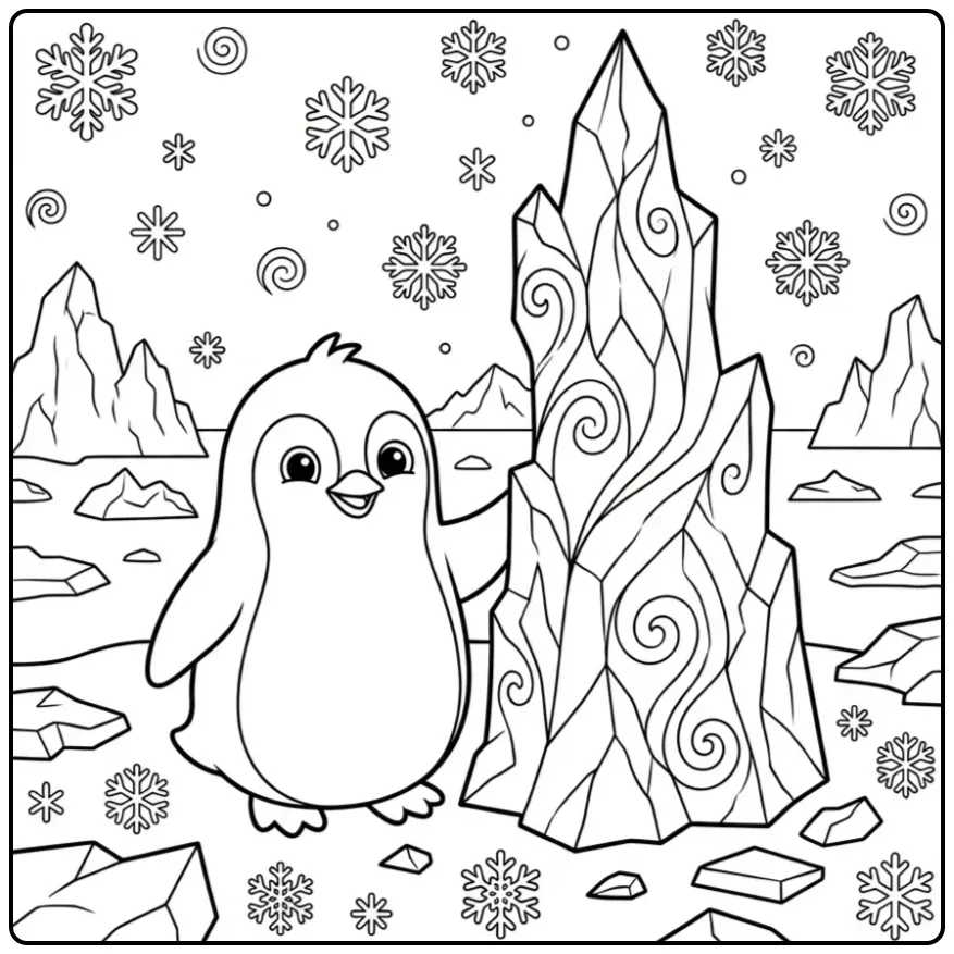 Cheerful Penguin with Ice Crystals and Snow coloring page