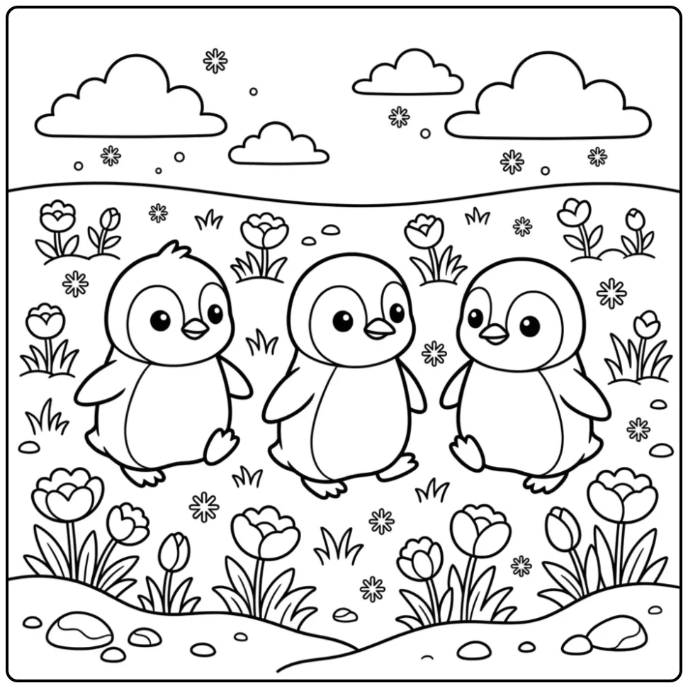 Cheerful Penguin with Chicks in the Snow coloring page