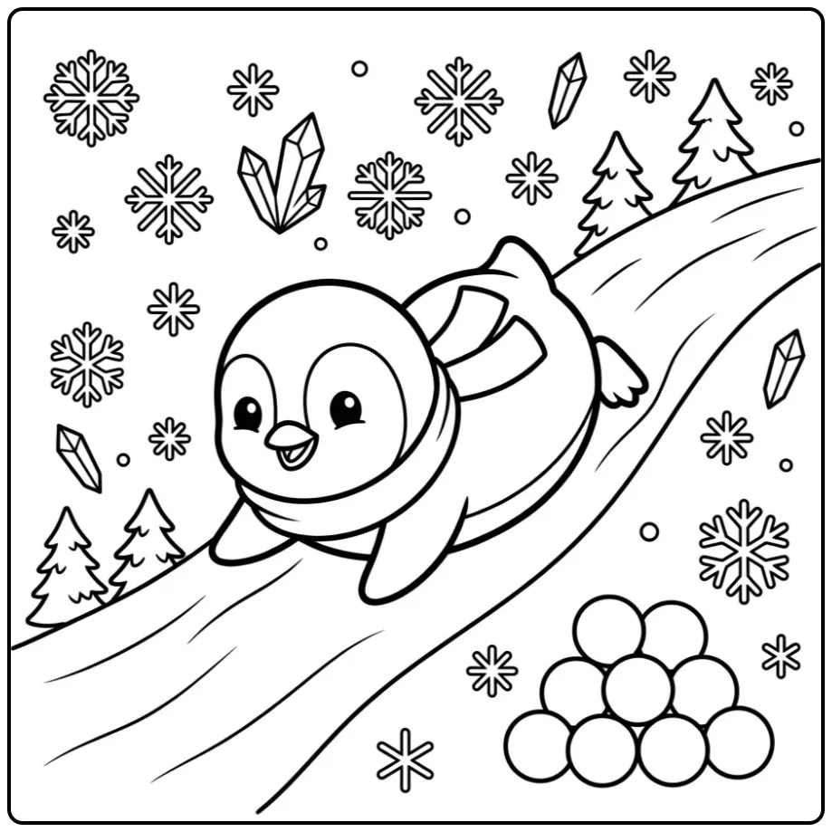 Cheerful Penguin on a Snowy Slope coloring page