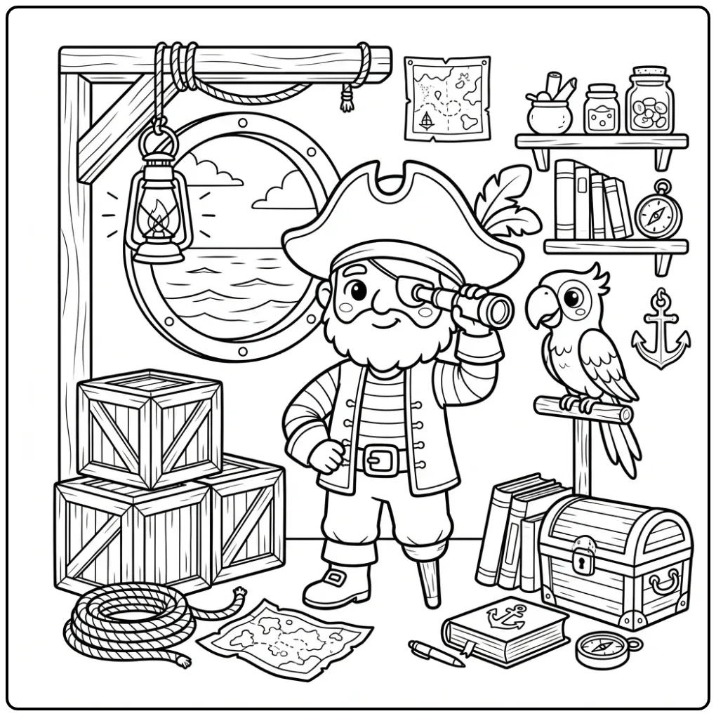 Cheerful Pirate with Parrot in the Captain's Cabin coloring page
