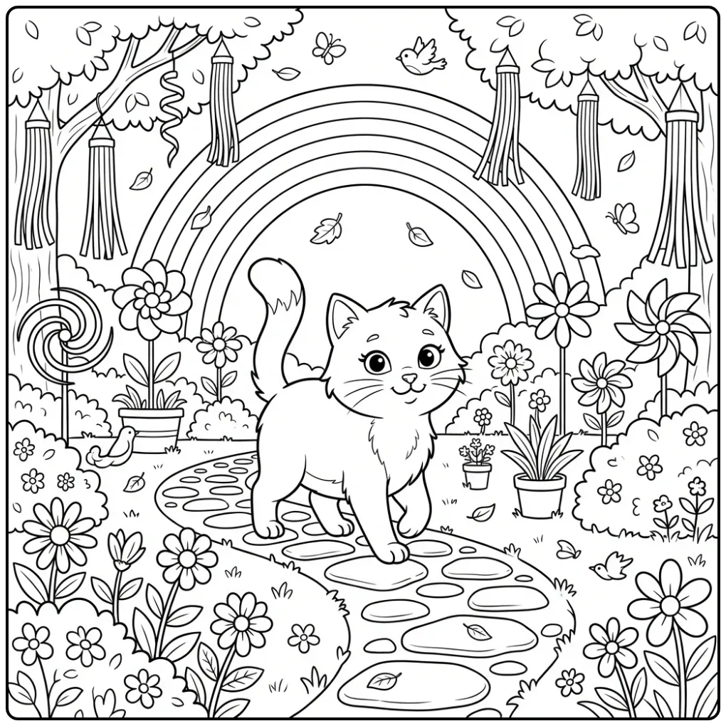 Cheerful Rainbow Cat with Festive Streamers coloring page