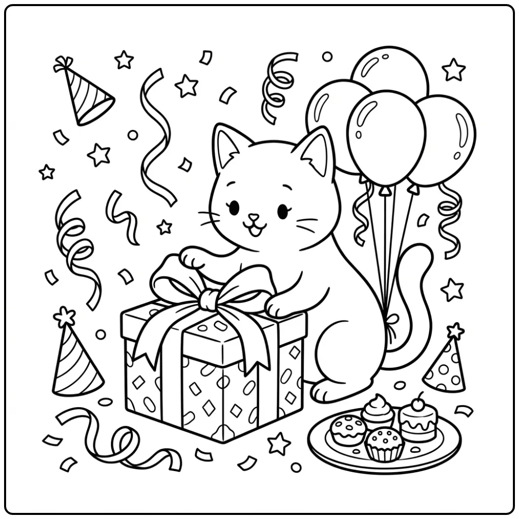 Cheerful Cat Birthday with Gifts and Streamers coloring page