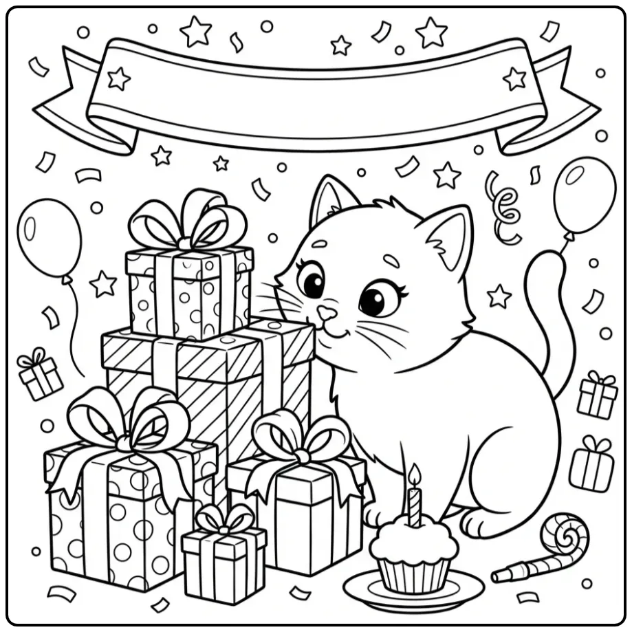Cheerful Cat Birthday with Festive Gifts coloring page