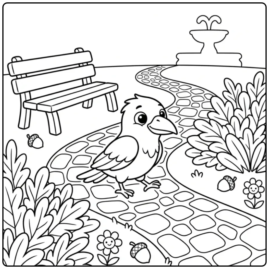 Cheerful Raven in a Quiet Park coloring page