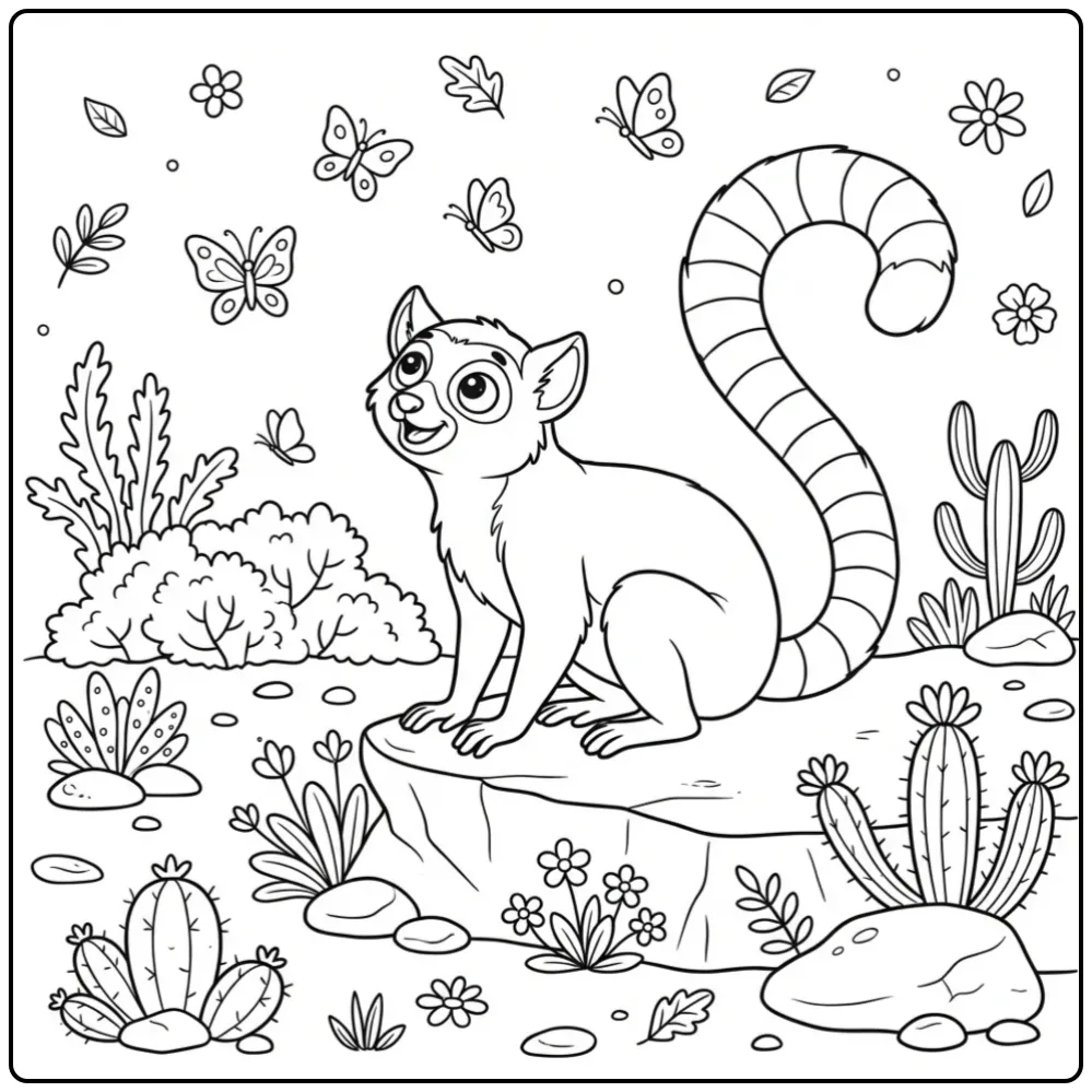 Ring-tailed lemur coloring page featuring a lemur on a rock