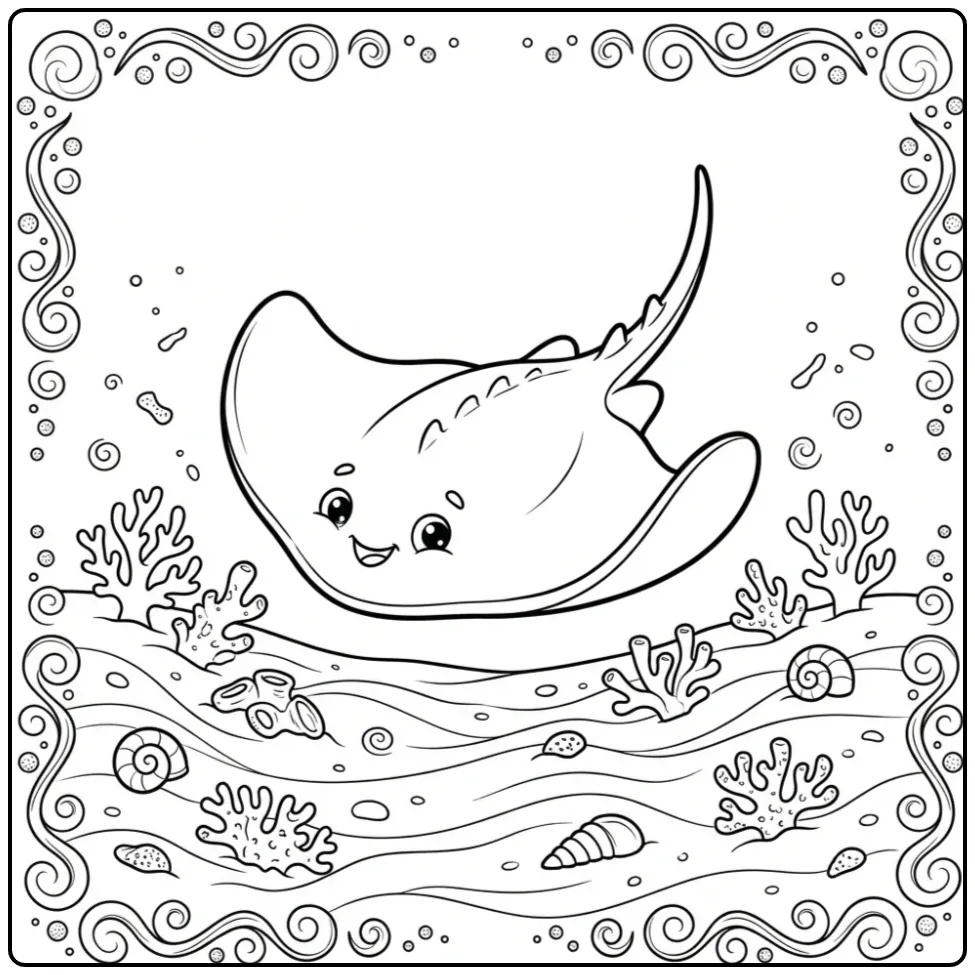 Cheerful Ray with Bubbles and Coral coloring page
