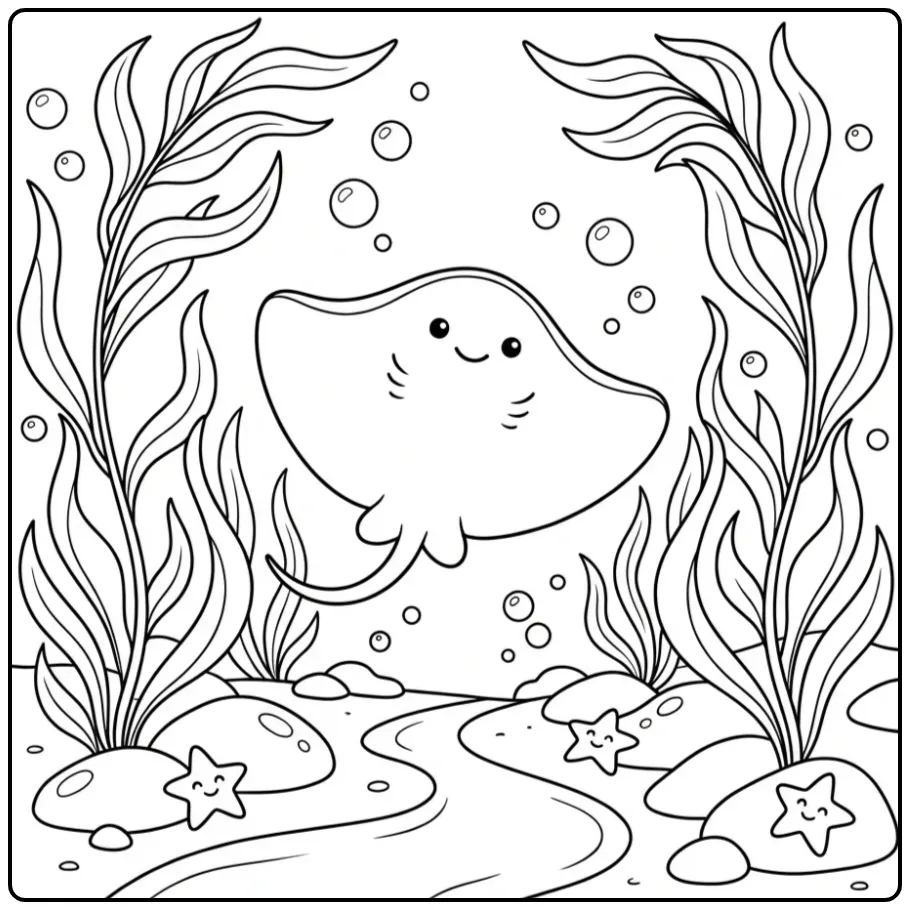 Ray coloring page swimming among seaweed