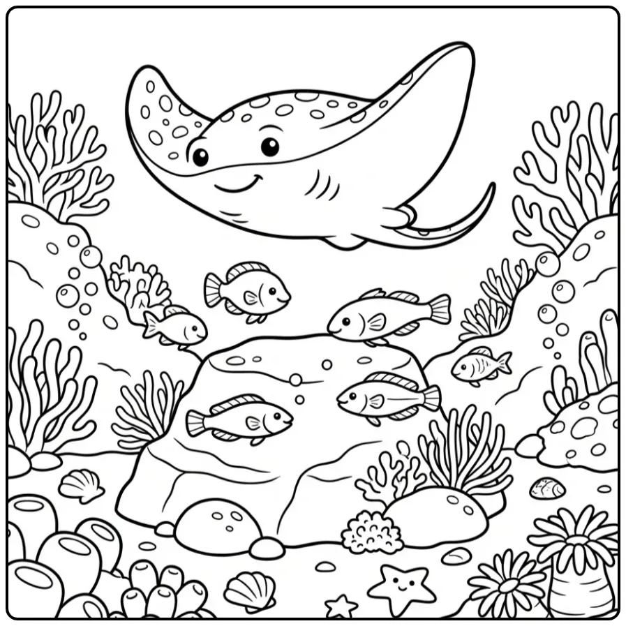 Cheerful Ray with Small Fish coloring page