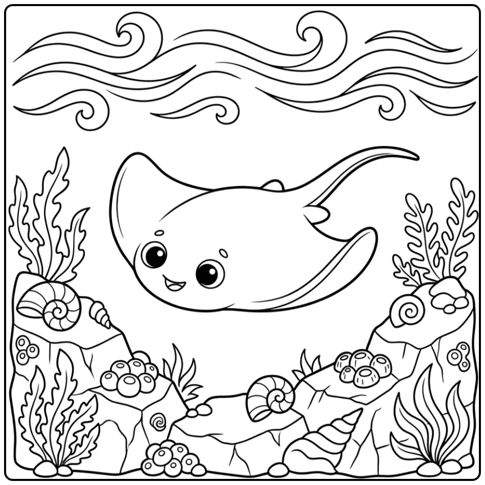 Cheerful Ray with Seaweed and Shells coloring page