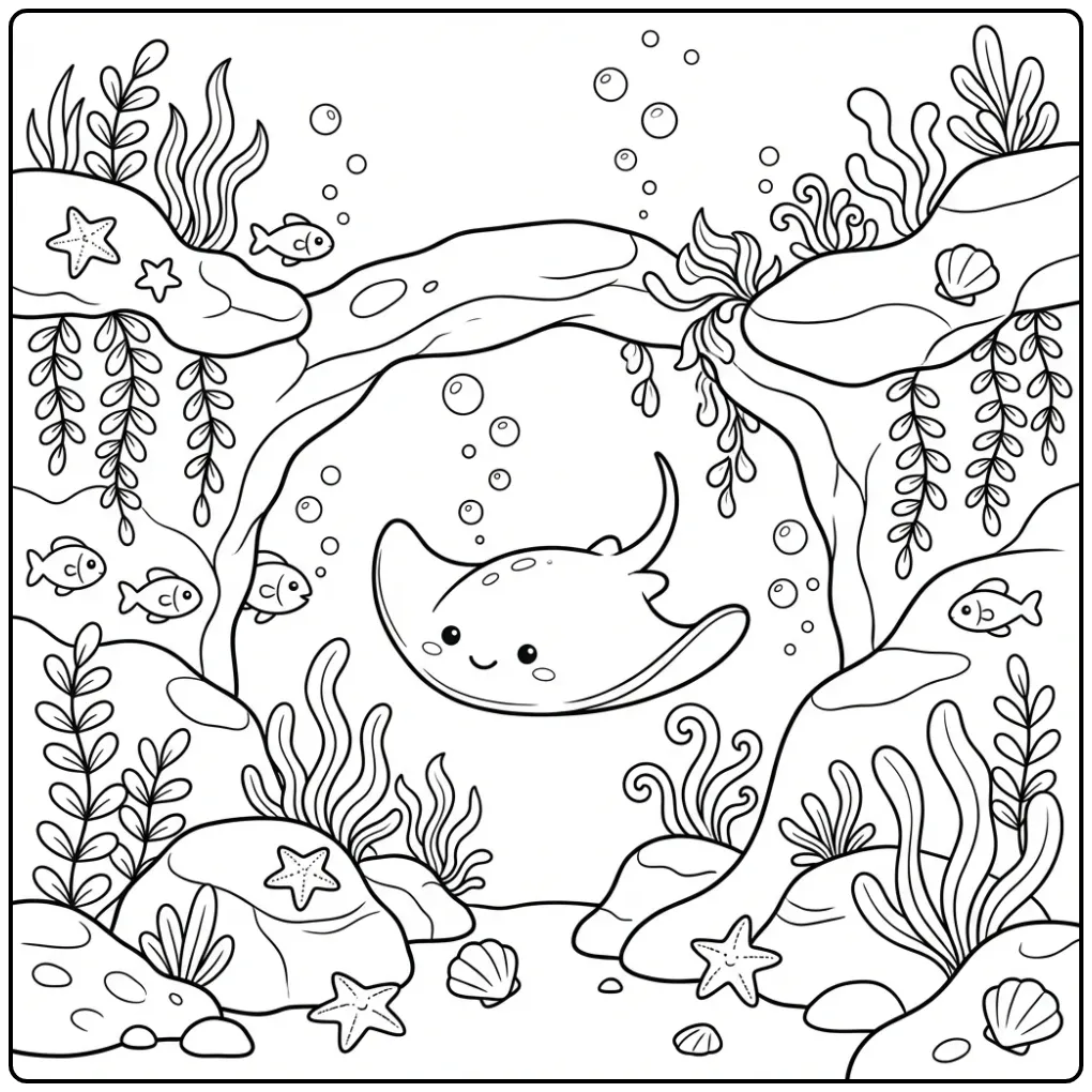 Cheerful Ray Underwater with Fish and Bubbles coloring page