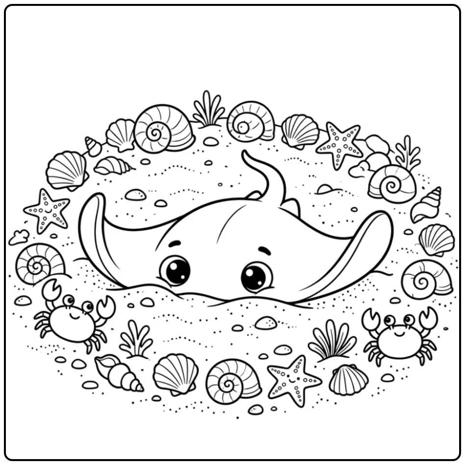 Cheerful Ray Among Shells and Crabs coloring page