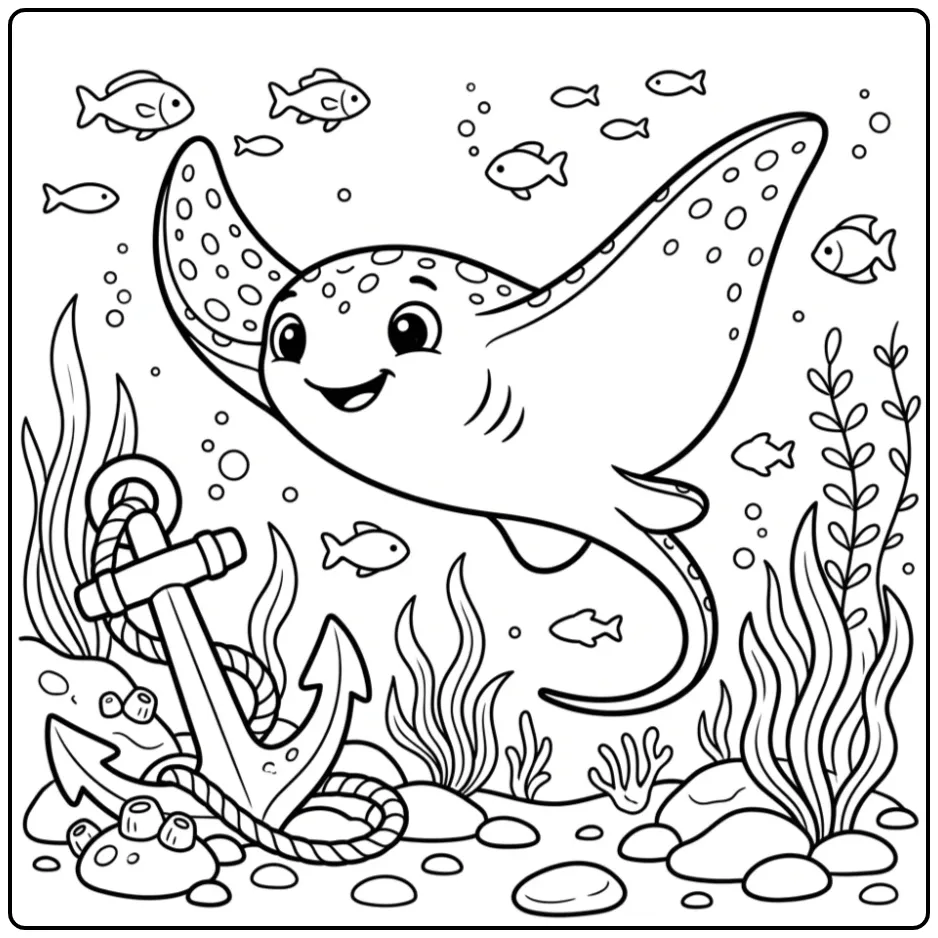 Cheerful Ray Swimming with a Ship Anchor coloring page