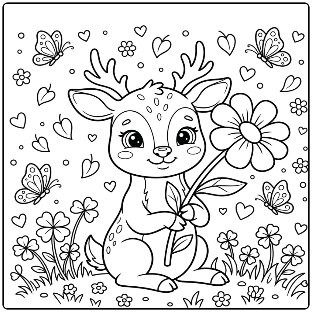 Cheerful Cute Fawn in a Flower Meadow coloring page