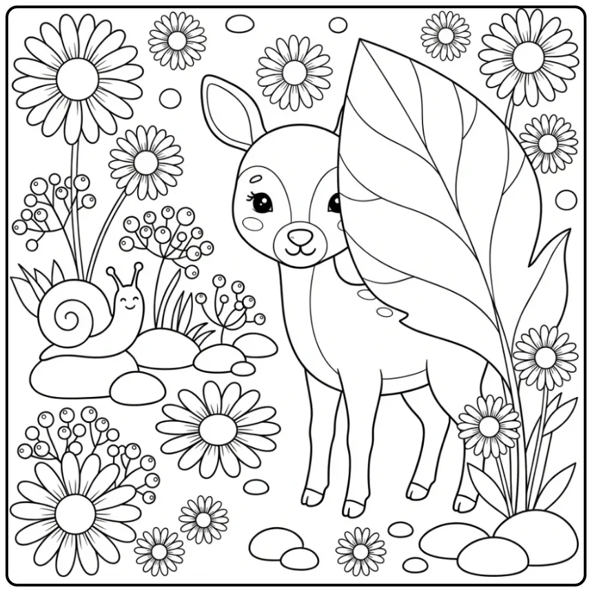 Cheerful Cute Fawn with Snail and Flowers coloring page