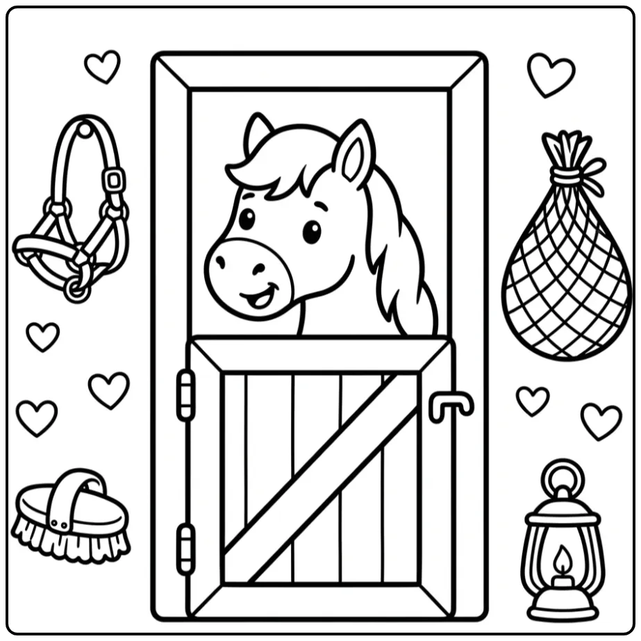 Cheerful Cute Horse in the Stable coloring page