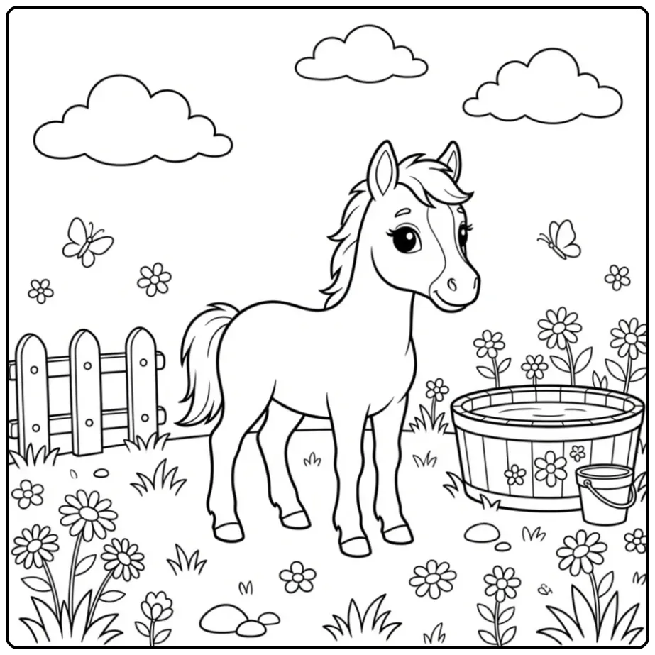 Cheerful Cute Horse in the Meadow coloring page