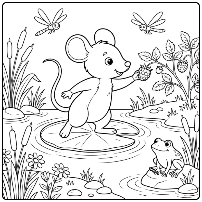 Cheerful Cute Mouse Grabbing a Berry coloring page
