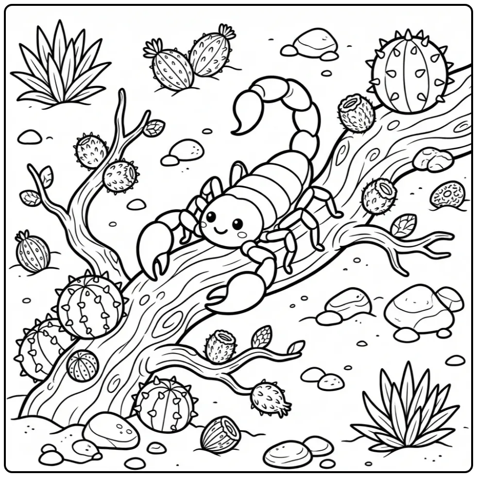 Scorpion coloring page showing a scorpion on a branch
