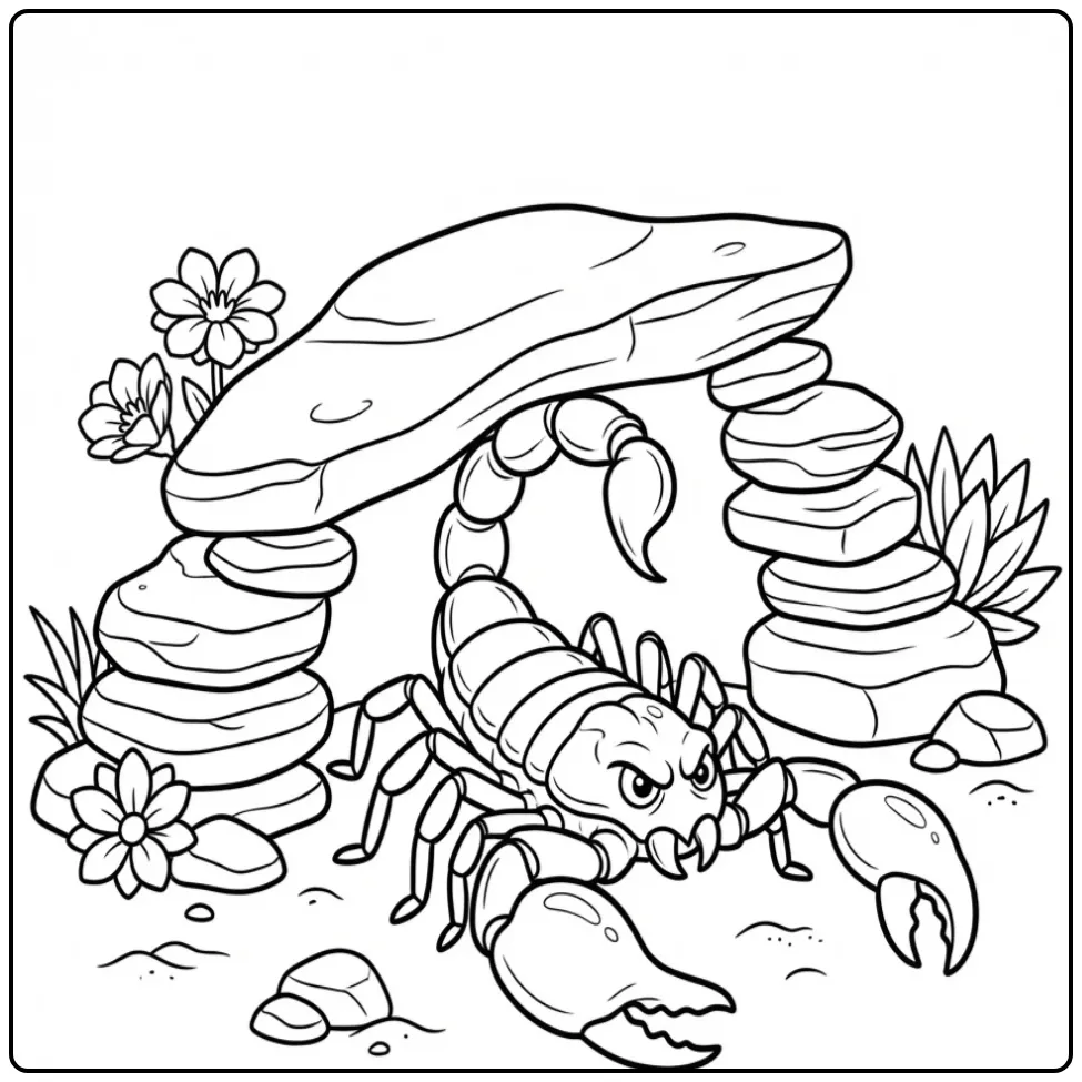 Scorpion coloring page showing a scorpion under a desert rock