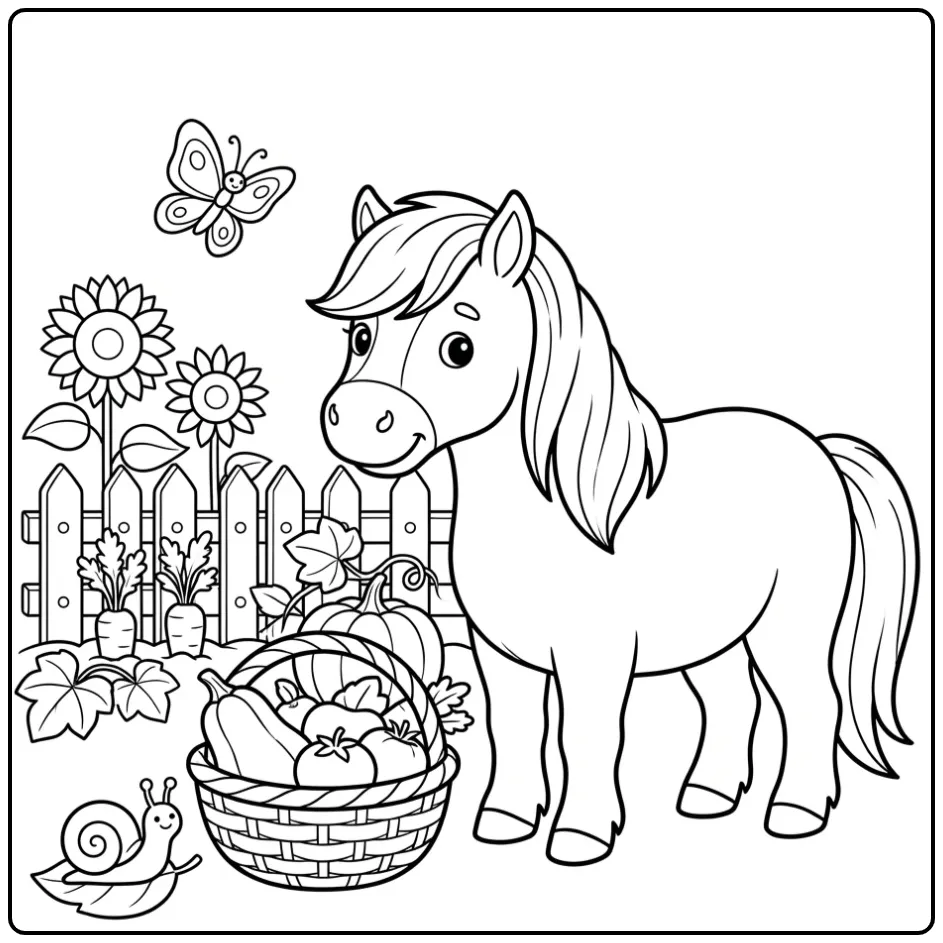Cheerful Shetland Pony in a Vegetable Garden coloring page