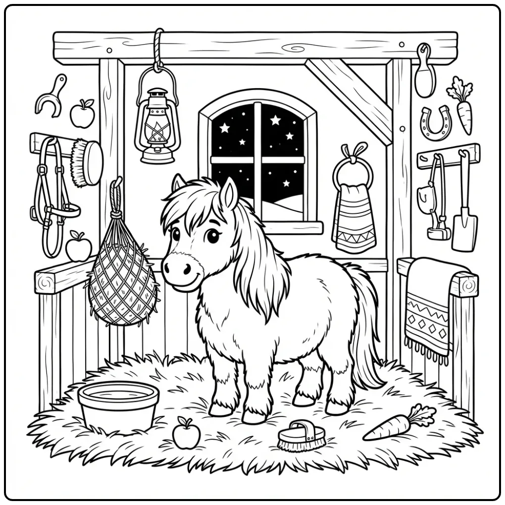 Cheerful Shetland Pony in a Cozy Stable coloring page
