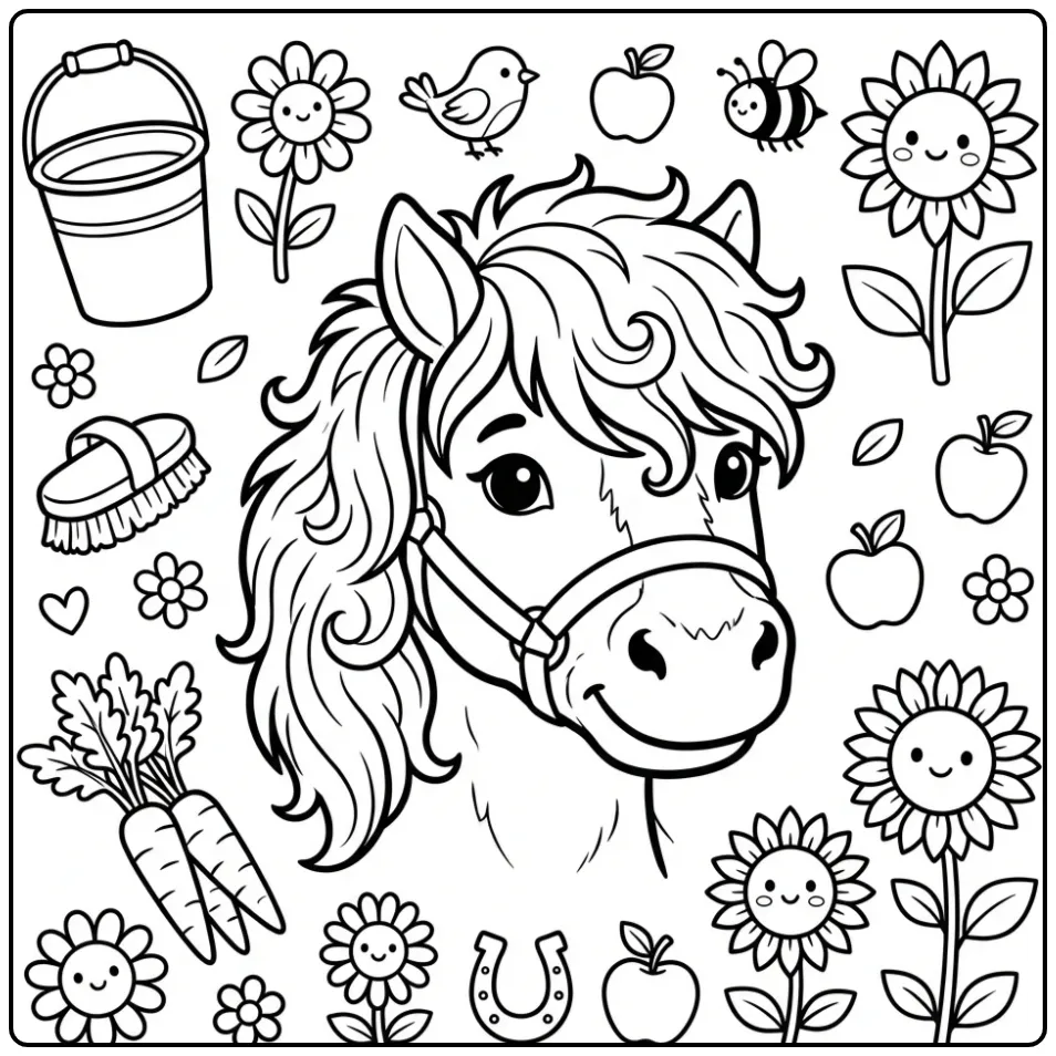 Cheerful Shetland Pony with Farm Supplies coloring page