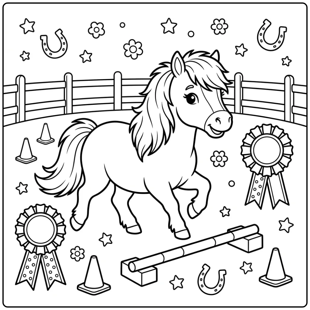 Cheerful Shetland Pony on an Obstacle Course coloring page