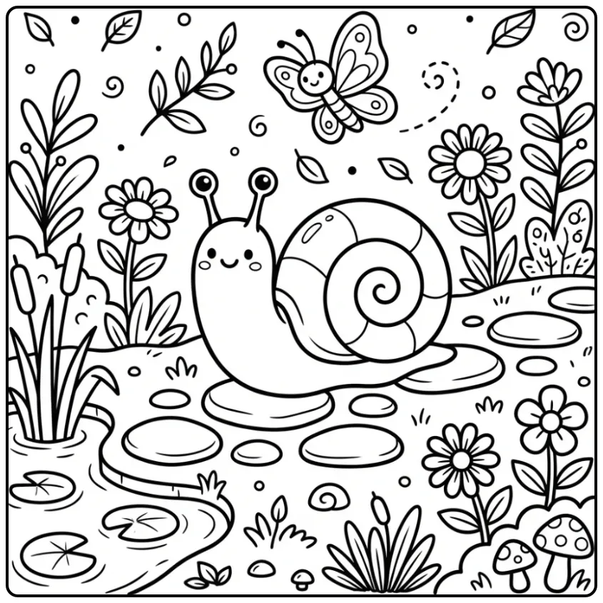 Cheerful Snail Pond with Butterfly coloring page