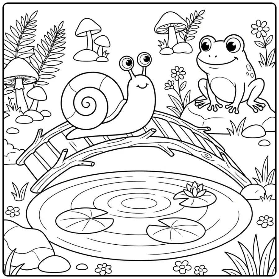 Cheerful Snail and Frog by the Pond coloring page