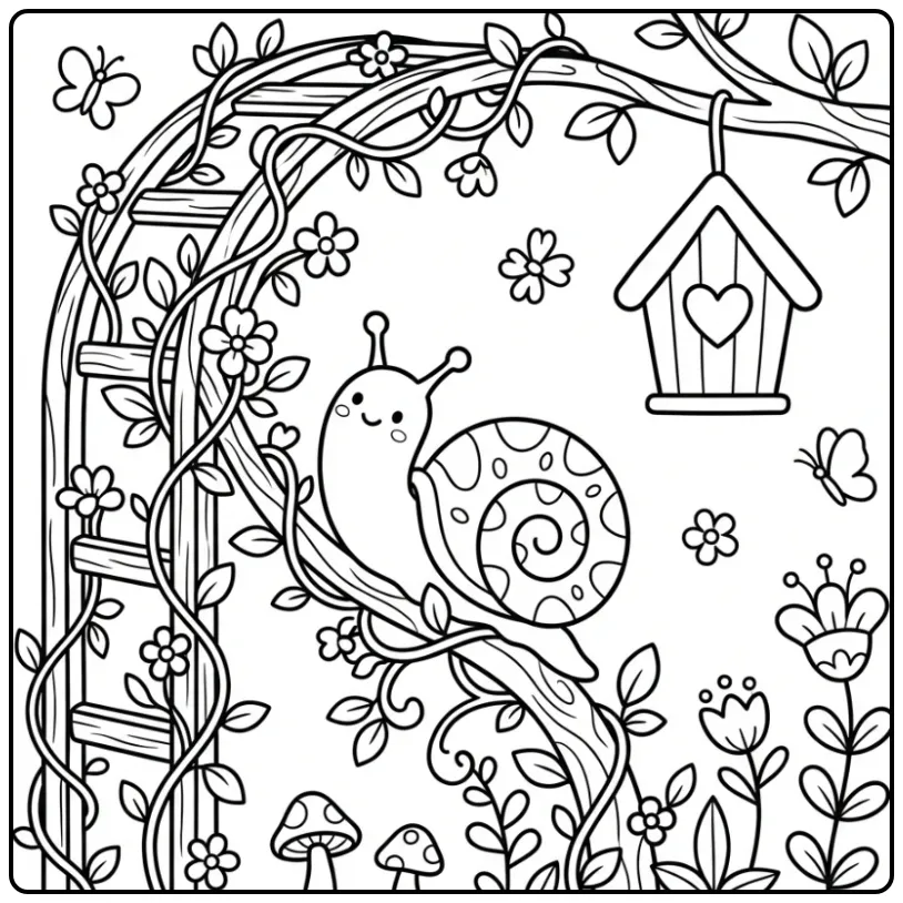 Cheerful Snail Climbing Along a Trellis with Flowers coloring page