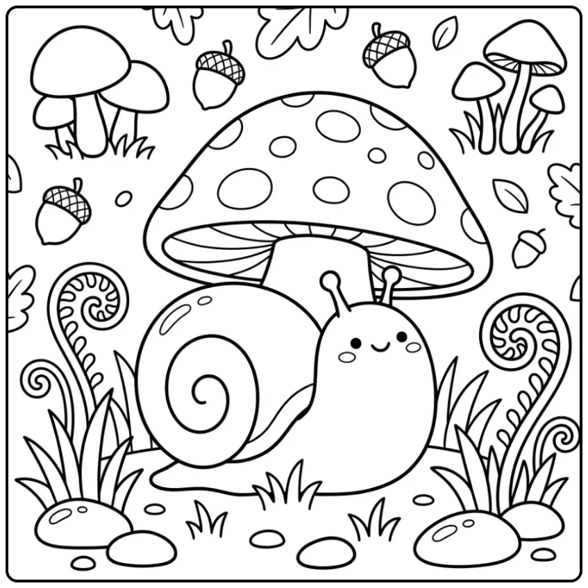 Cheerful Snail with Mushroom and Ferns coloring page