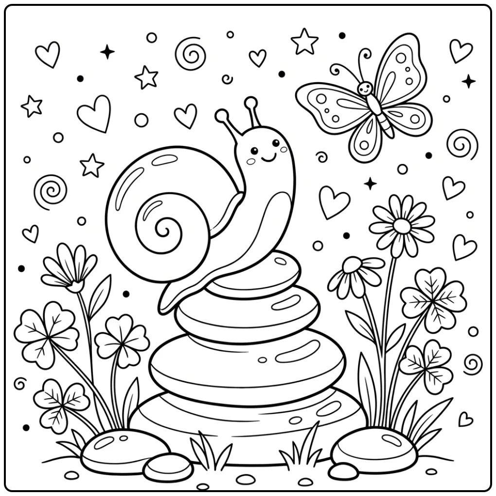 Cheerful Snail on Adventure in the Flower Garden coloring page